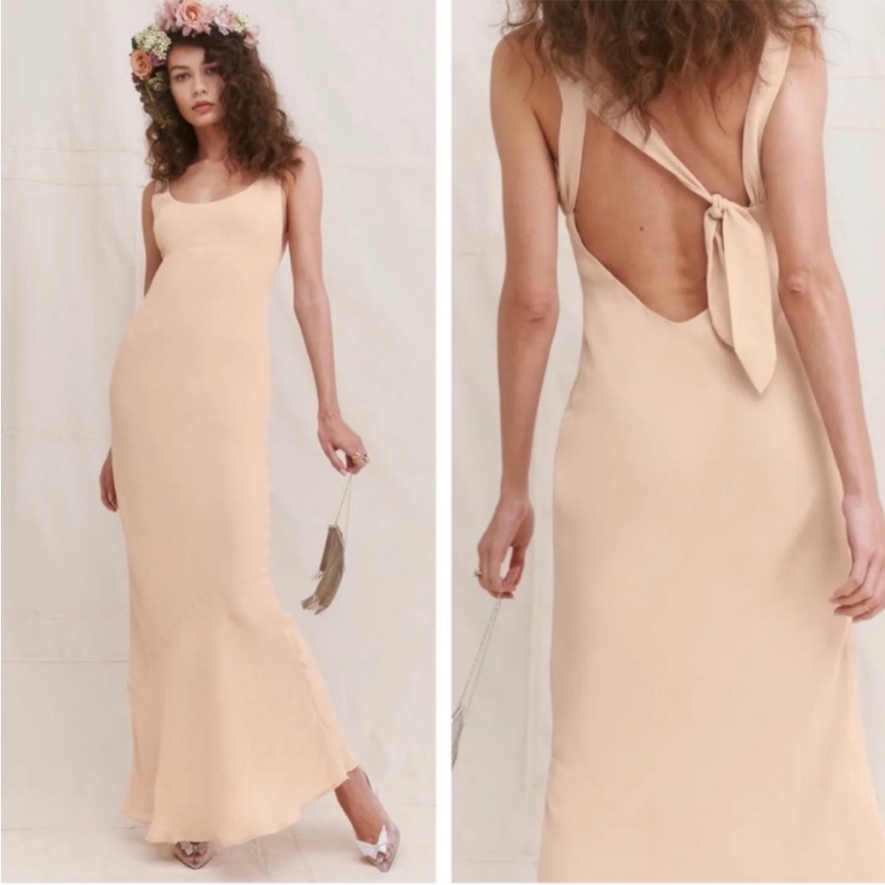 Reformation Barletta Tie Back Open Back Maxi Gown In Champagne